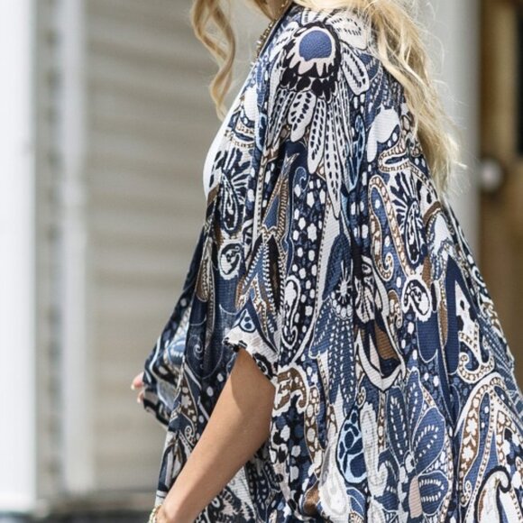 Bohemian Blue Paisley Jacquard Print Kimono Cardigan One Size - Picture 5 of 9